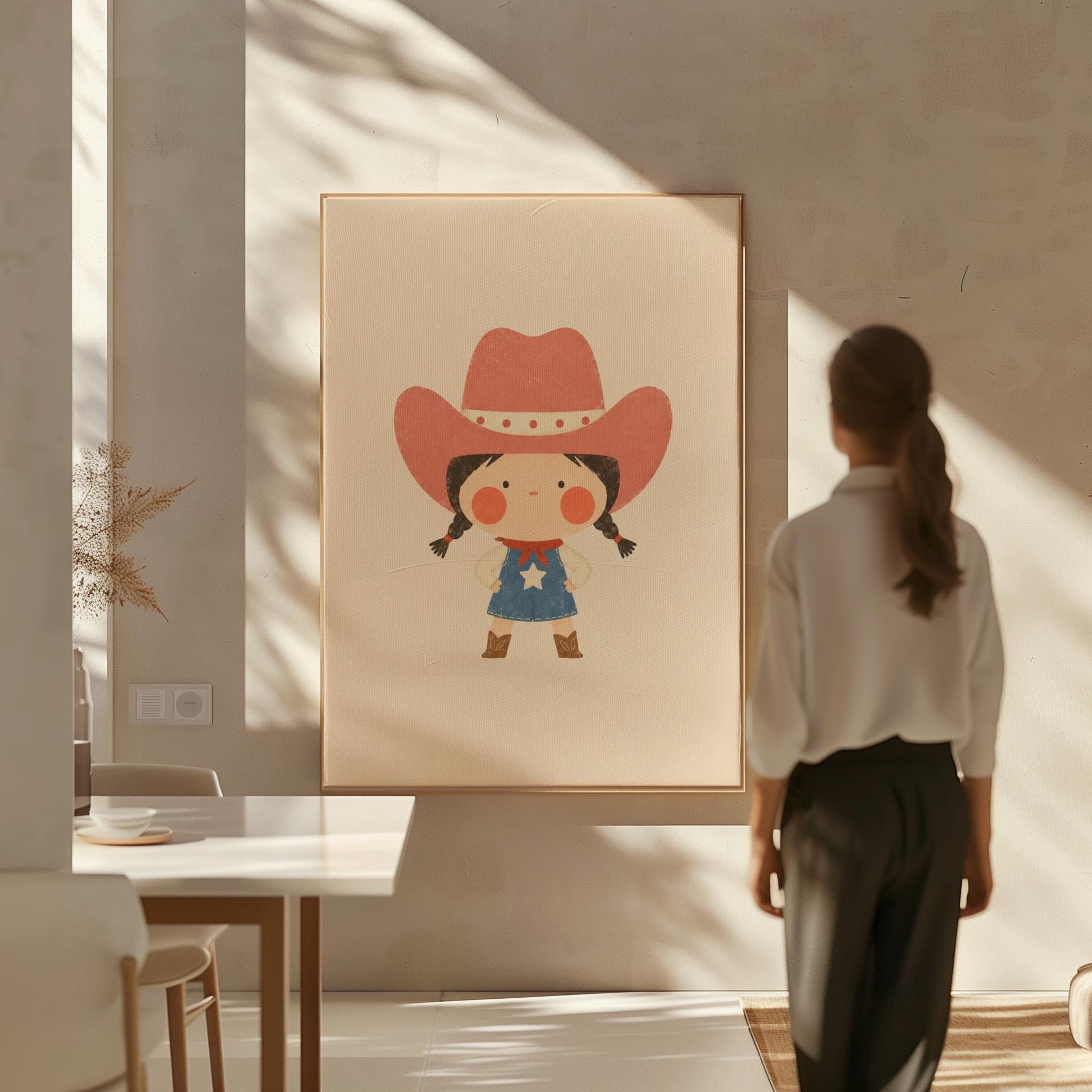Small cowgirl in a star dress and coral hat with hands on hips, canvas wall art presented in a light, minimal room
