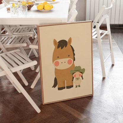 Brown pony standing beside a tiny cowgirl in a green hat, canvas print seen in a warm interior with natural light