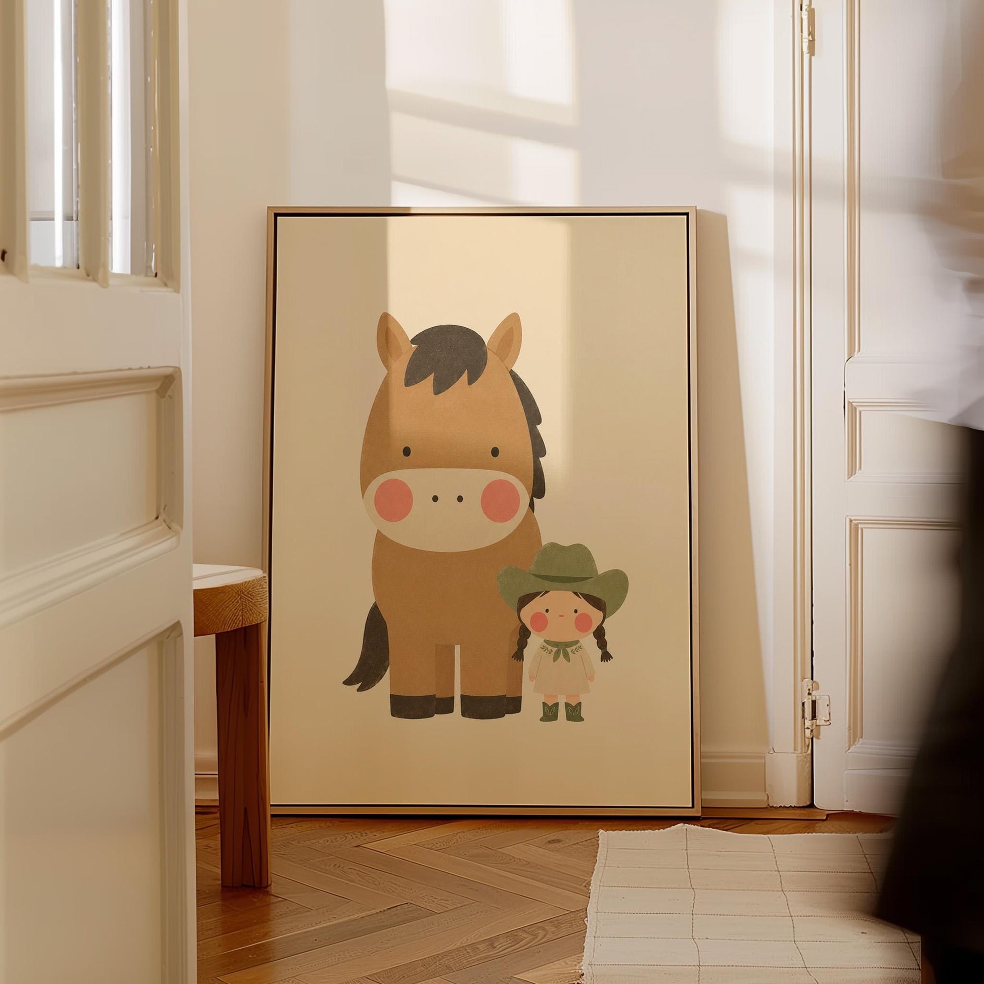 Brown pony standing beside a tiny cowgirl in a green hat, canvas print on a quiet wall in a considered interior