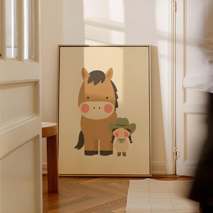 Brown pony standing beside a tiny cowgirl in a green hat, canvas print on a quiet wall in a considered interior