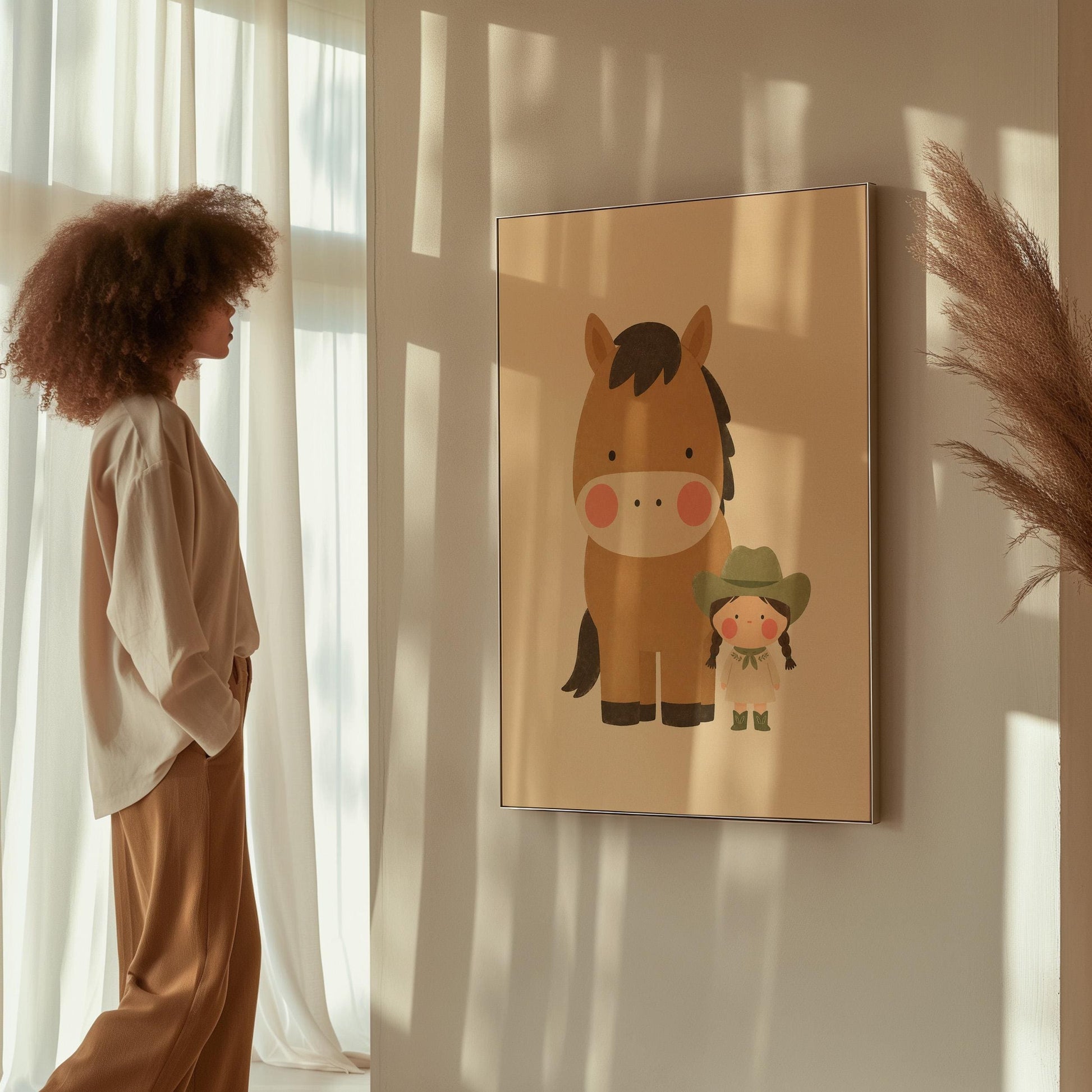 Brown pony standing beside a tiny cowgirl in a green hat, canvas print shown to scale in a furnished room