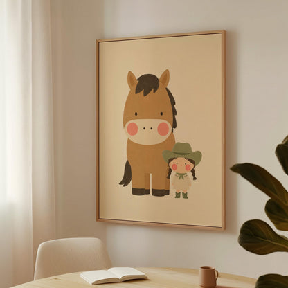 Brown pony standing beside a tiny cowgirl in a green hat, canvas print displayed on a neutral wall in a styled interior