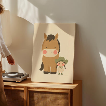 Brown pony standing beside a tiny cowgirl in a green hat, canvas print shown in a sunlit, contemporary room
