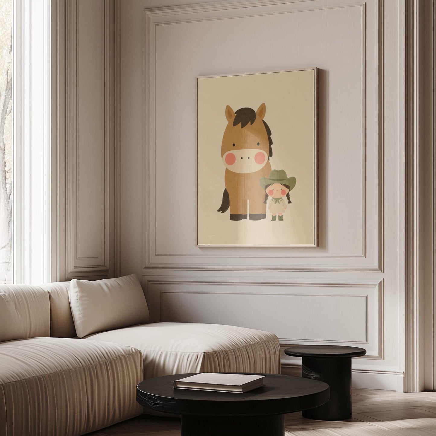 Brown pony standing beside a tiny cowgirl in a green hat, canvas wall art seen in a warm interior with natural light