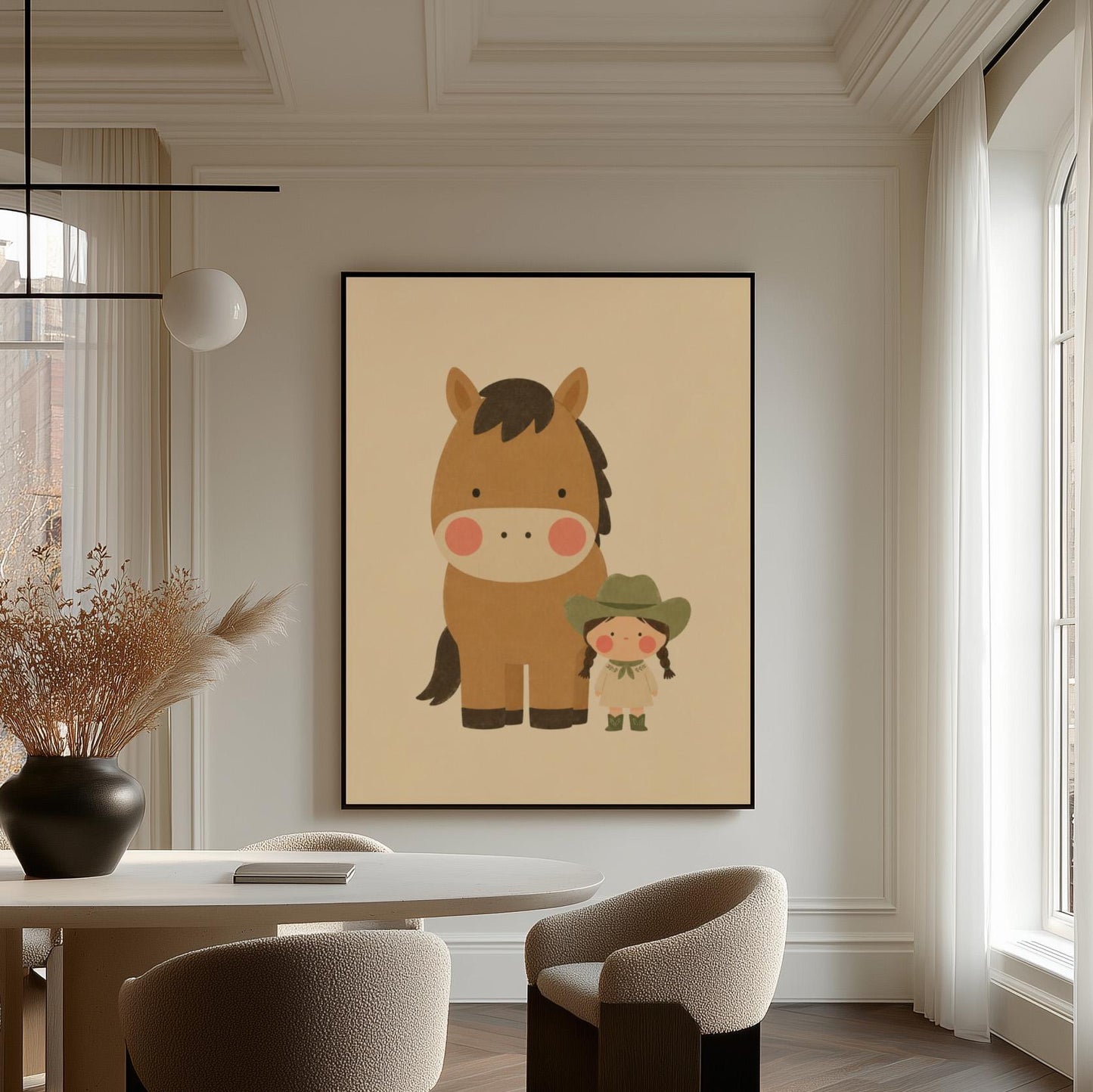 Brown pony standing beside a tiny cowgirl in a green hat, canvas print presented in a light, minimal room