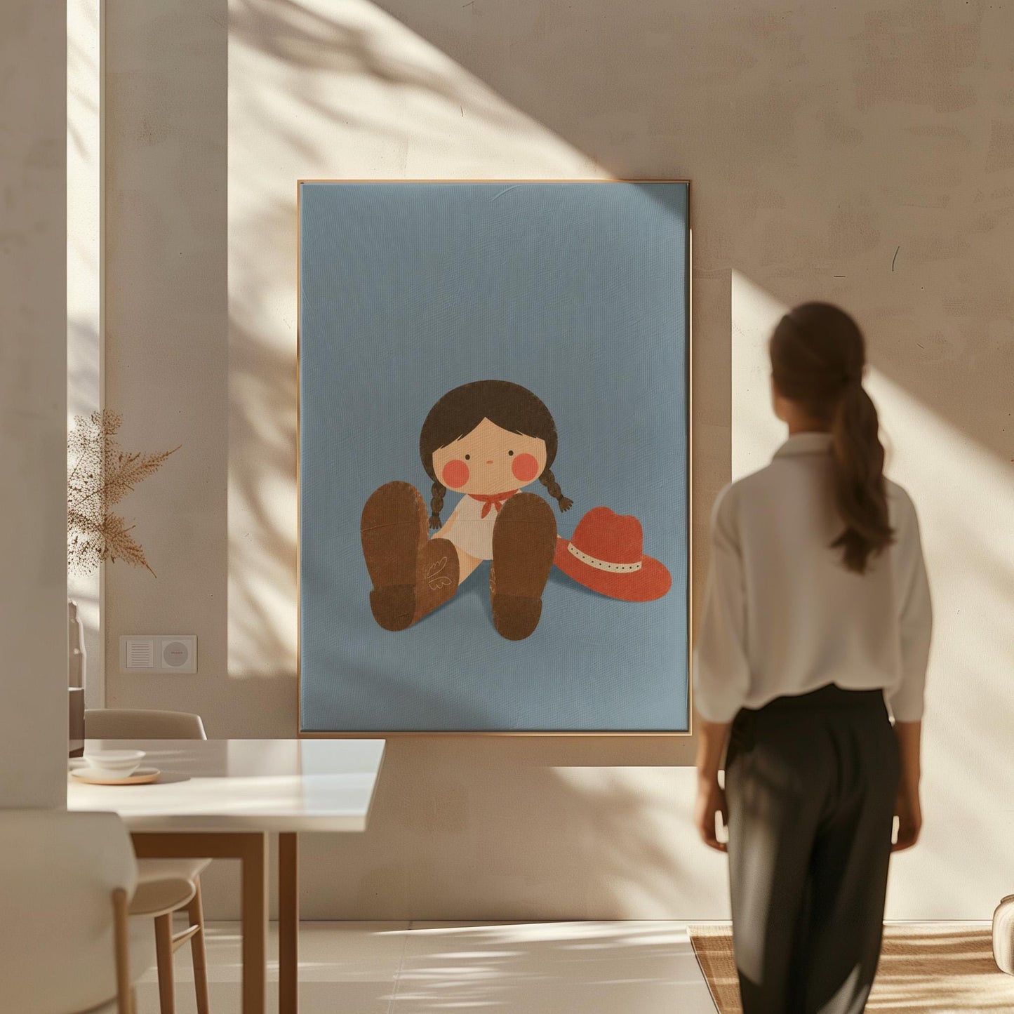 Little cowgirl sitting with big brown boots and a red hat, canvas print seen in a warm interior with natural light