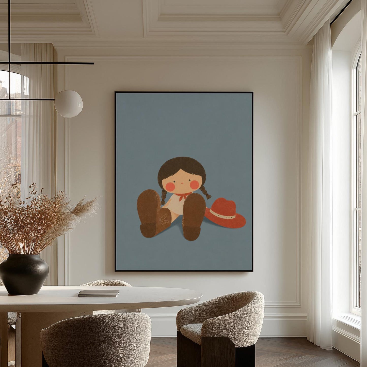 Little cowgirl sitting with big brown boots and a red hat, canvas print presented in a light, minimal room