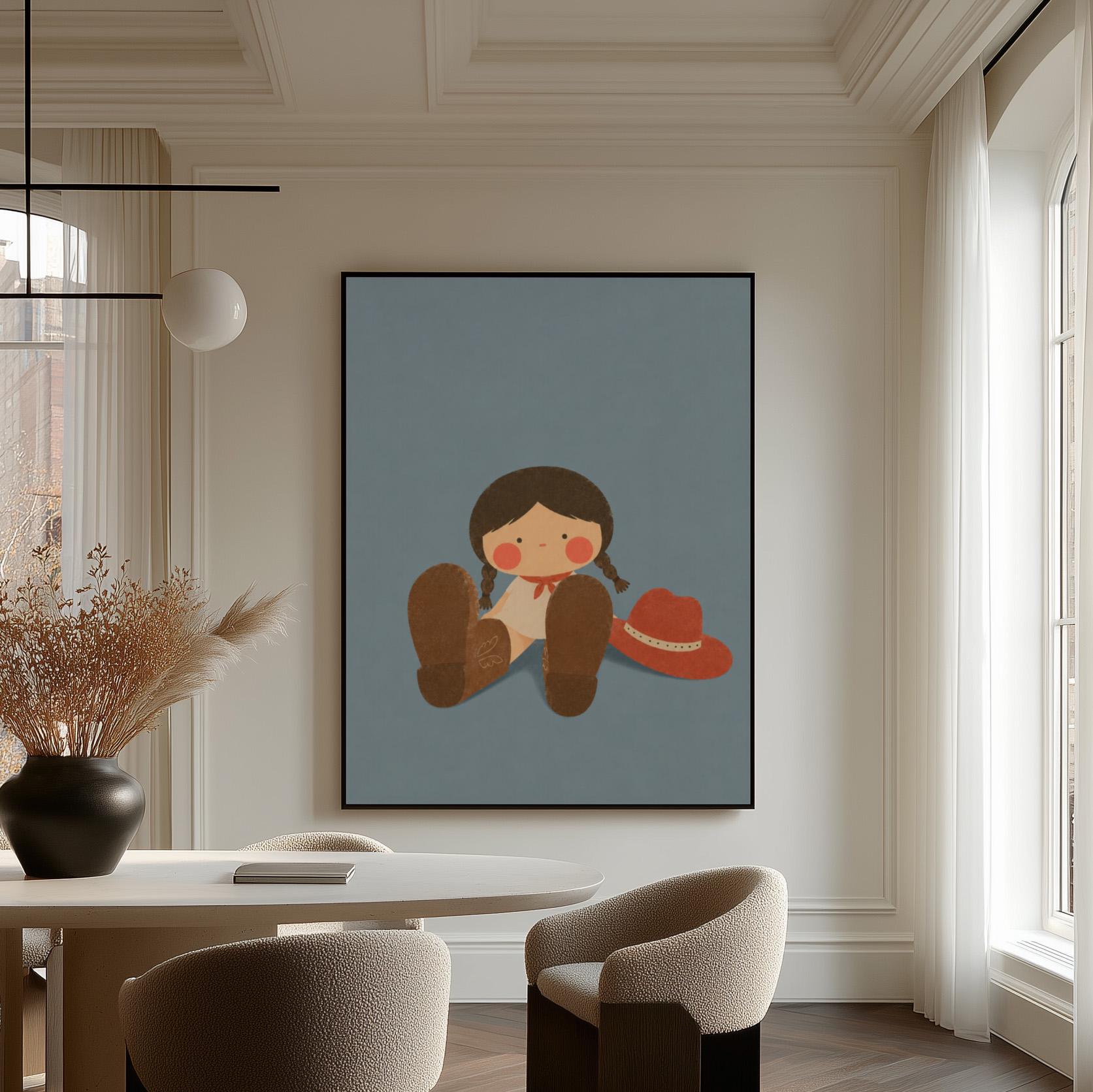 Little cowgirl sitting with big brown boots and a red hat, canvas print presented in a light, minimal room