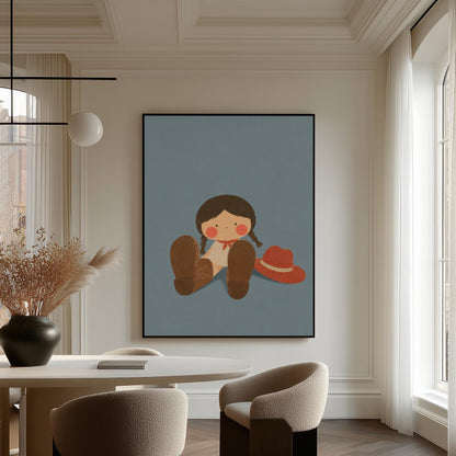 Little cowgirl sitting with big brown boots and a red hat, canvas print presented in a light, minimal room