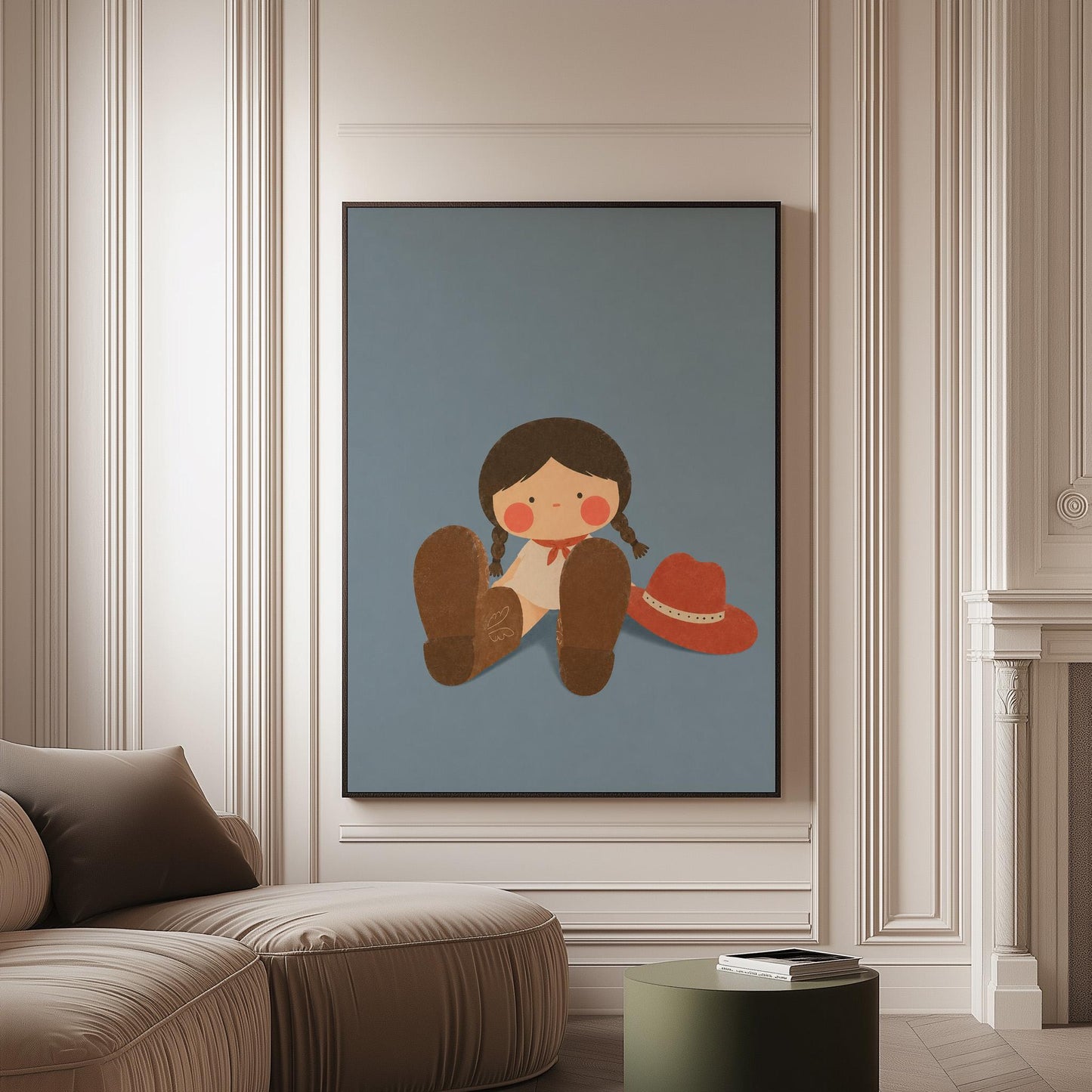 Little cowgirl sitting with big brown boots and a red hat, canvas print on a softly lit wall in a calm interior