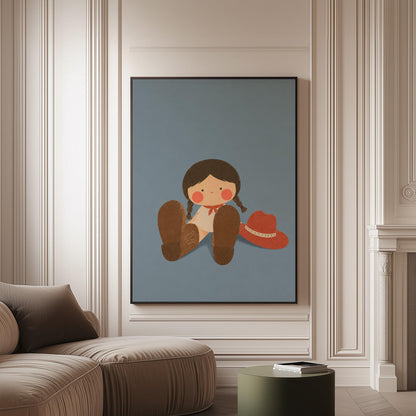 Little cowgirl sitting with big brown boots and a red hat, canvas print on a softly lit wall in a calm interior