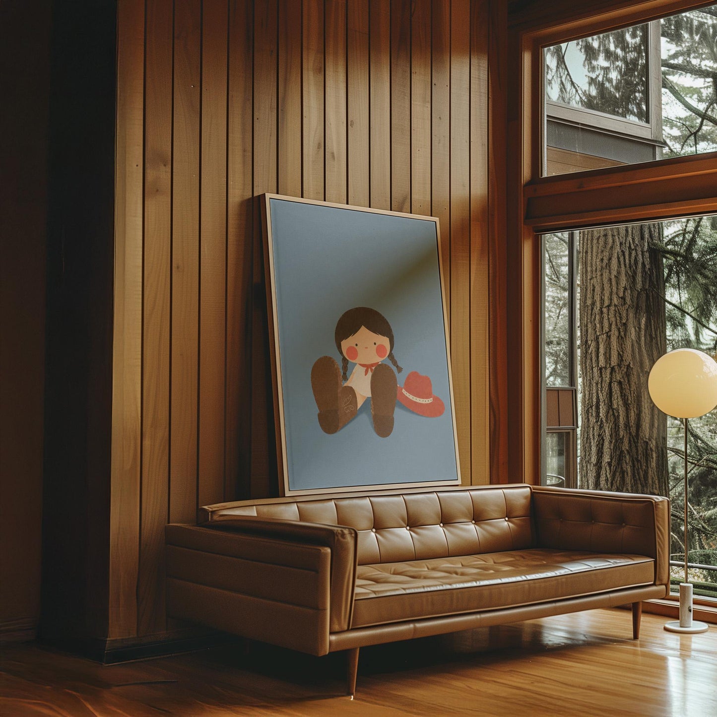 Little cowgirl sitting with big brown boots and a red hat, canvas wall art presented in a light, minimal room