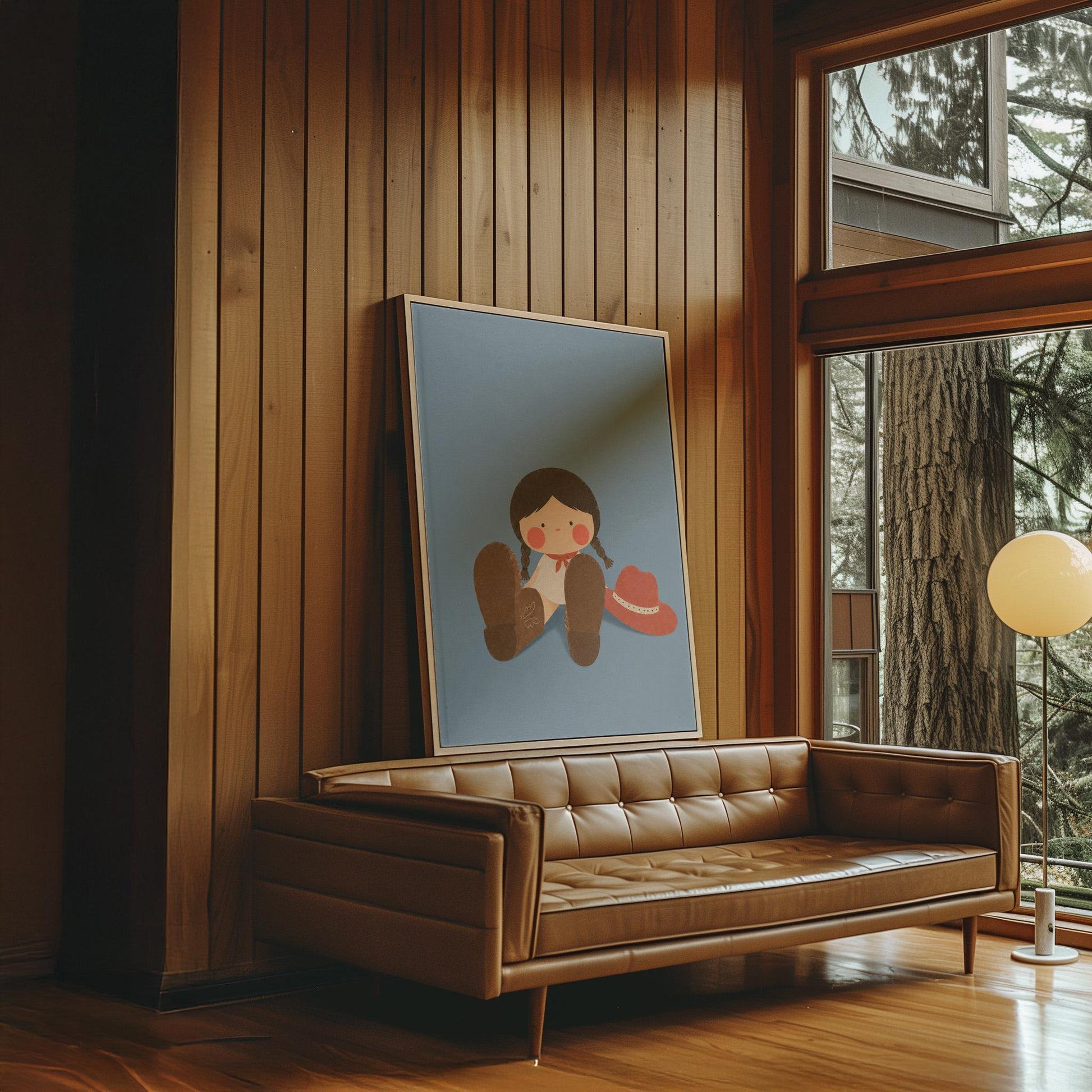 Little cowgirl sitting with big brown boots and a red hat, canvas wall art presented in a light, minimal room