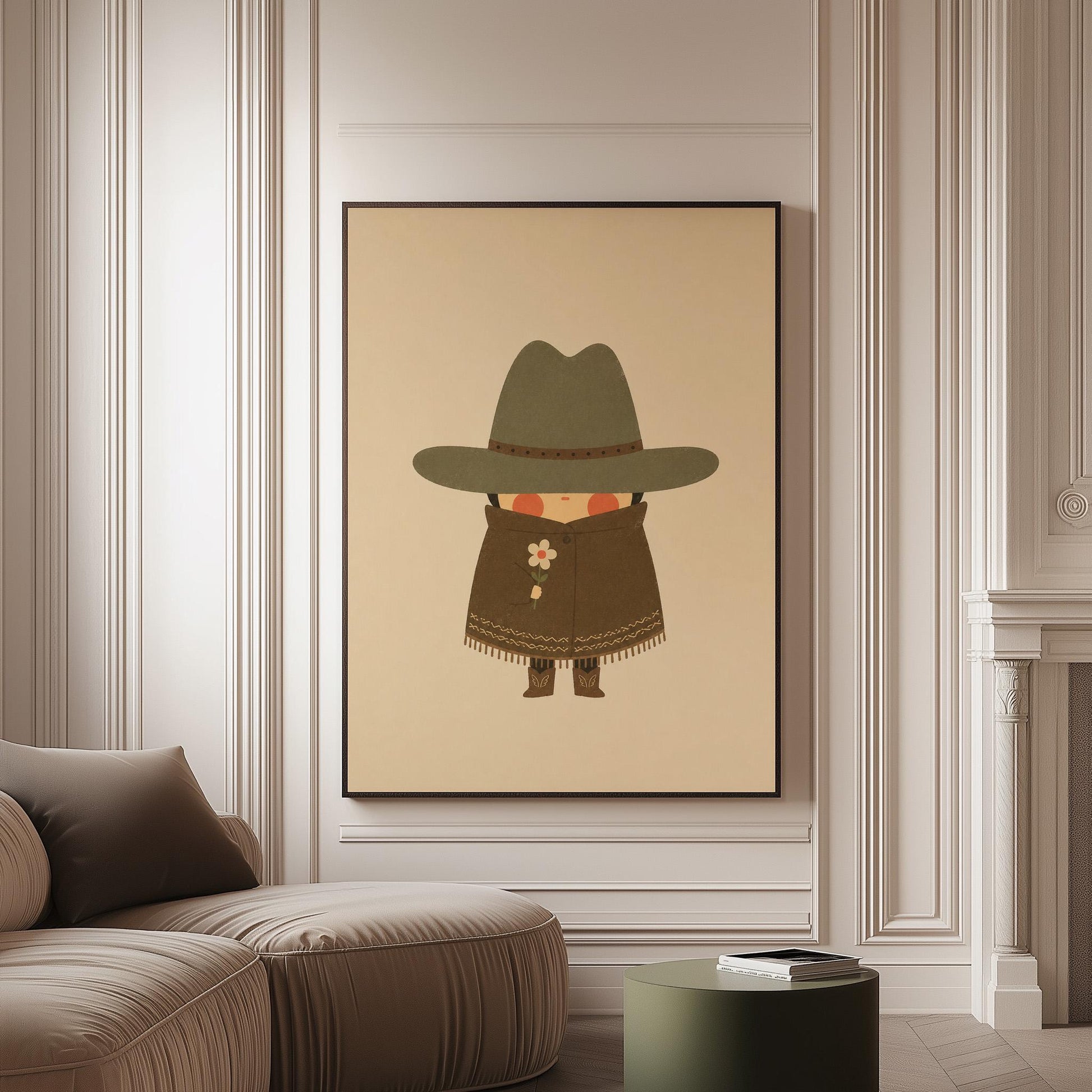 Tiny cowboy in a wide hat and fringed coat holding a daisy, canvas print on a softly lit wall in a calm interior