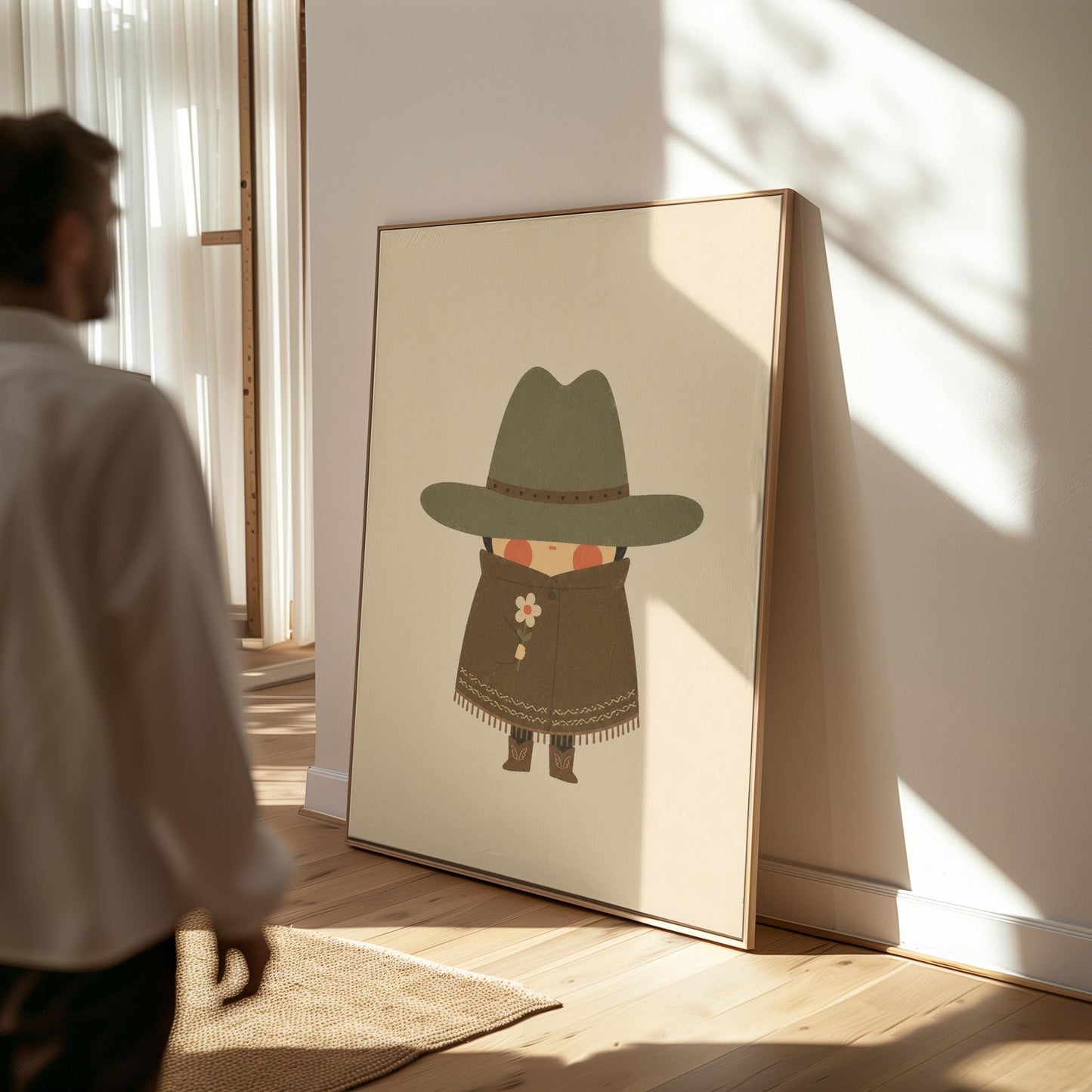 Tiny cowboy in a wide hat and fringed coat holding a daisy, canvas print seen in a warm interior with natural light