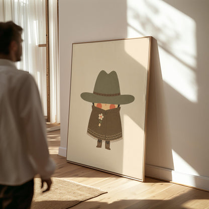 Tiny cowboy in a wide hat and fringed coat holding a daisy, canvas print seen in a warm interior with natural light