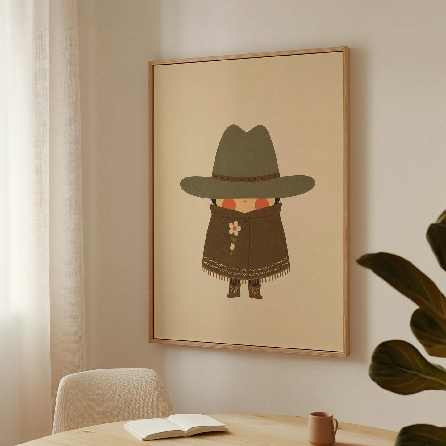 Tiny cowboy in a wide hat and fringed coat holding a daisy, canvas print displayed on a neutral wall in a styled interior