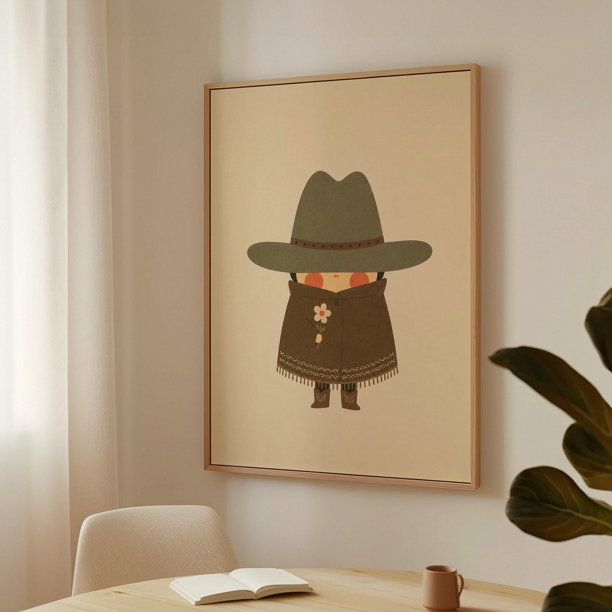 Tiny cowboy in a wide hat and fringed coat holding a daisy, canvas print displayed on a neutral wall in a styled interior