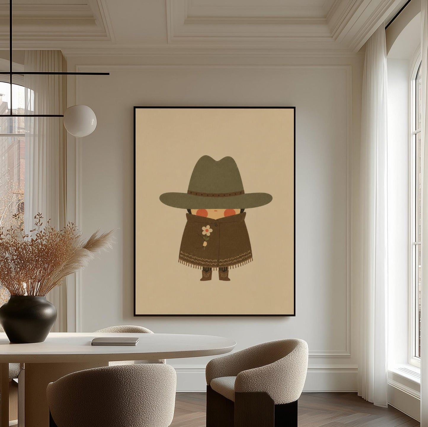 Tiny cowboy in a wide hat and fringed coat holding a daisy, canvas print hanging in a calm, modern living space