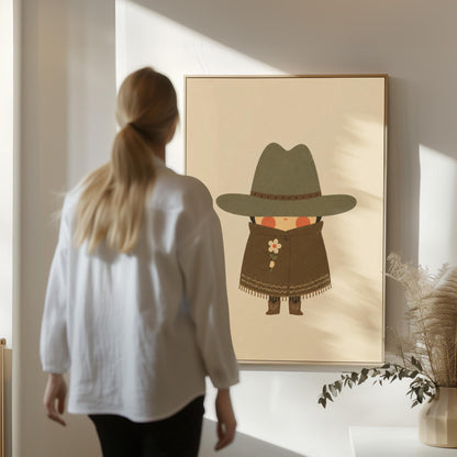 Tiny cowboy in a wide hat and fringed coat holding a daisy, canvas wall art presented in a light, minimal room