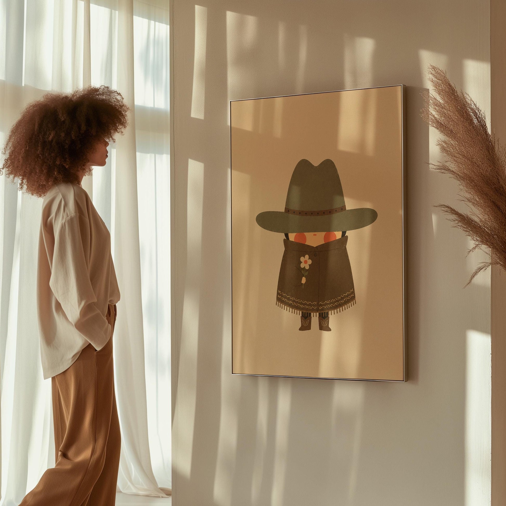 Tiny cowboy in a wide hat and fringed coat holding a daisy, canvas wall art on a quiet wall in a considered interior
