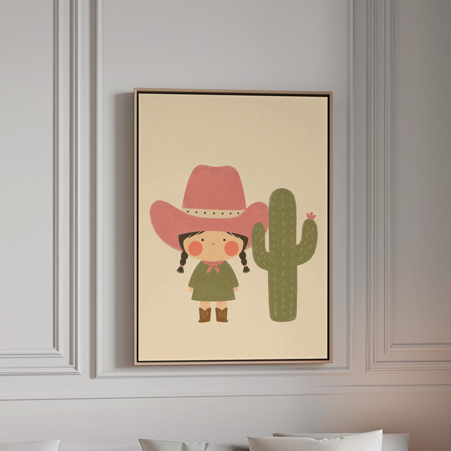 Little cowgirl in a pink hat next to a tall flowering cactus, canvas print in a bright room with natural daylight