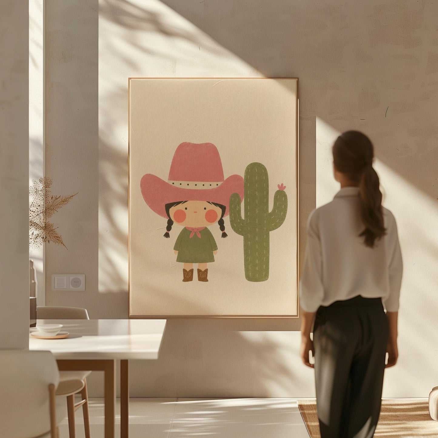 Little cowgirl in a pink hat next to a tall flowering cactus, canvas print presented in a light, minimal room