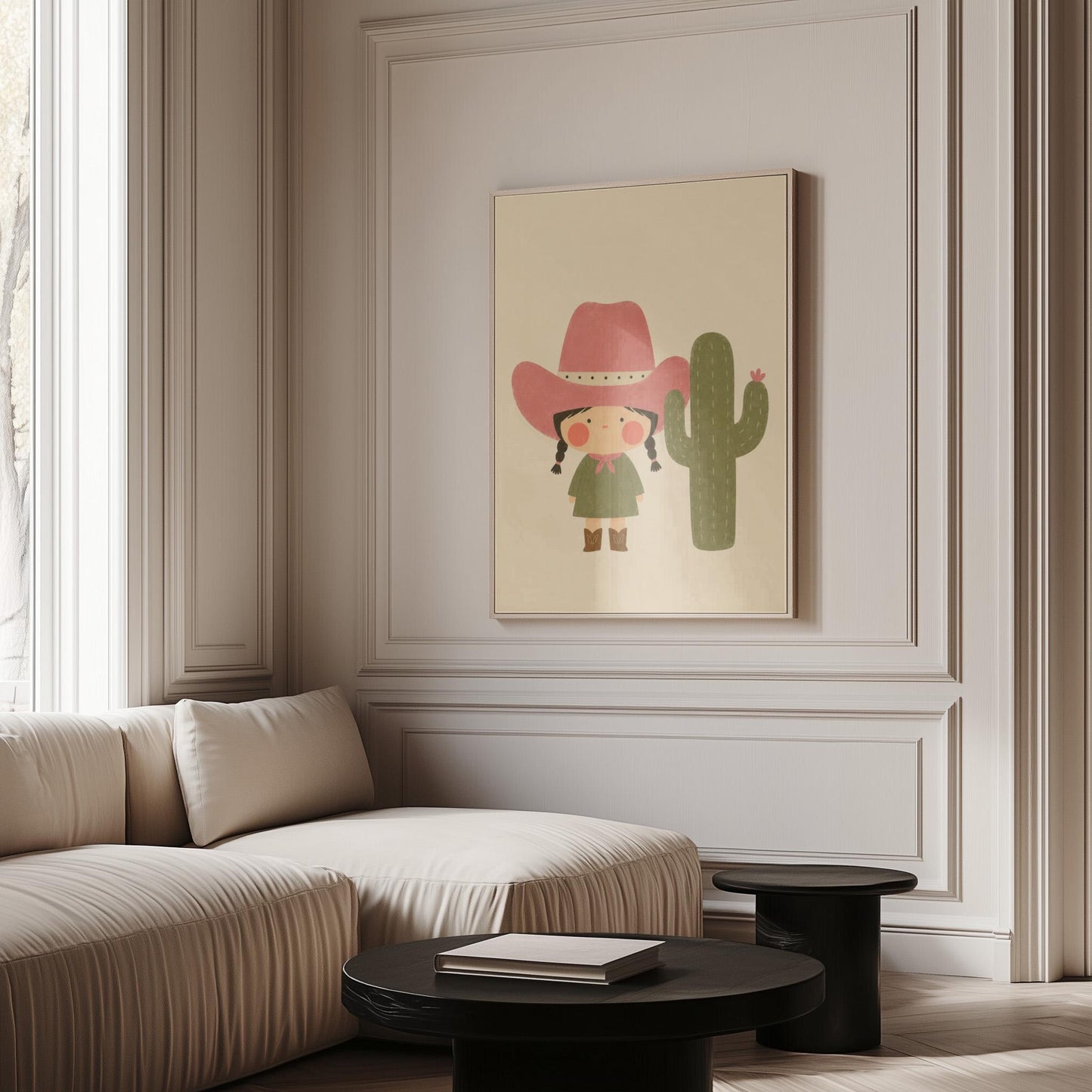 Little cowgirl in a pink hat next to a tall flowering cactus, canvas print on a quiet wall in a considered interior