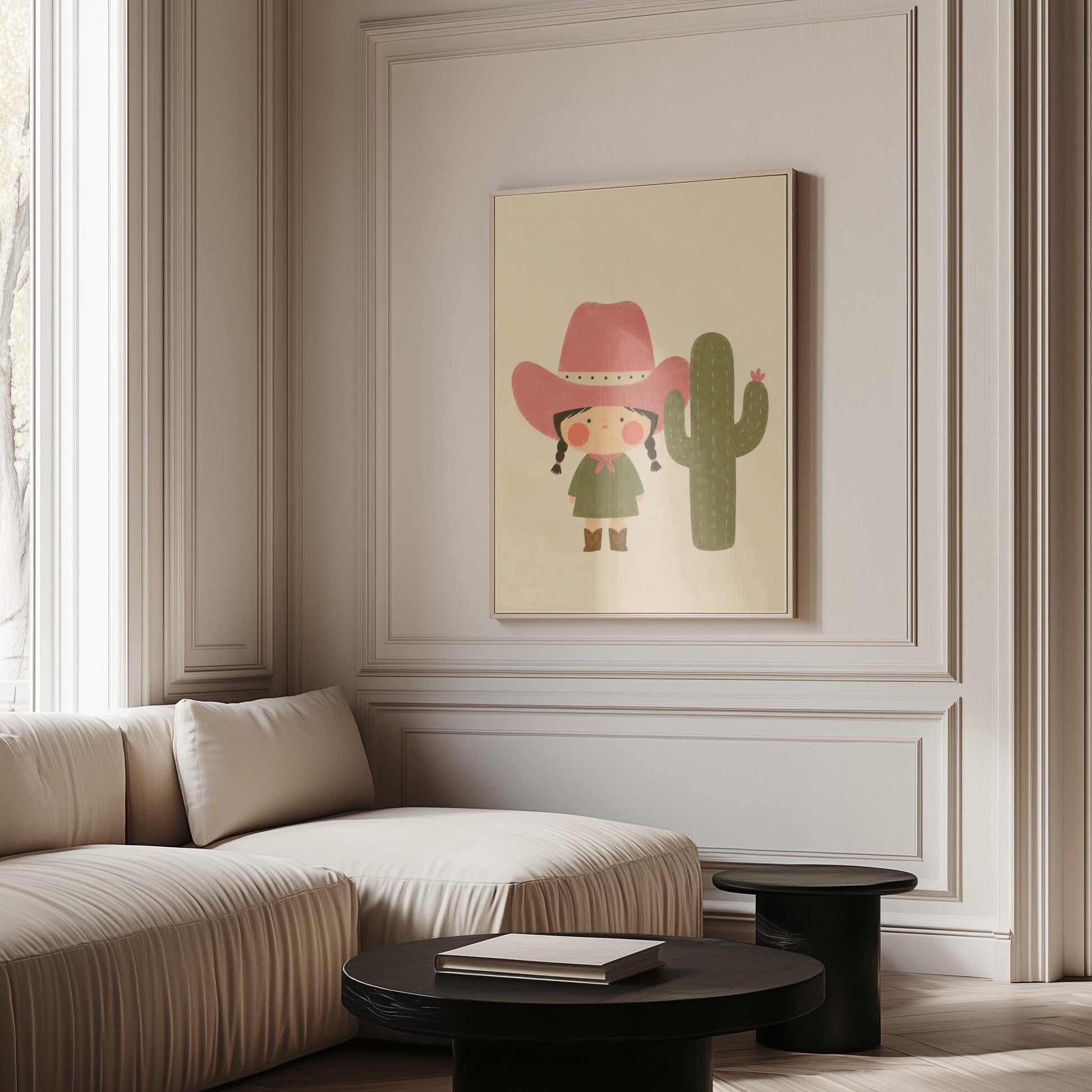 Little cowgirl in a pink hat next to a tall flowering cactus, canvas print on a quiet wall in a considered interior