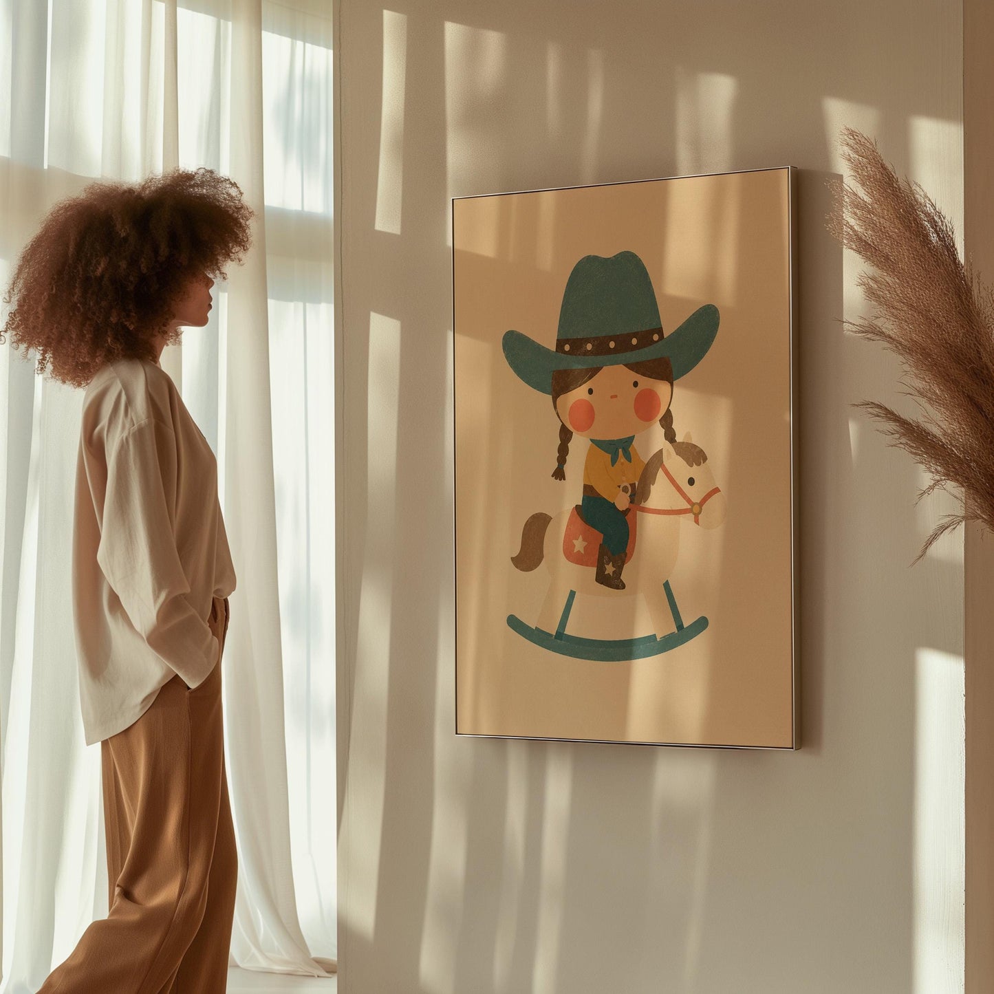 Child in a teal hat riding a cream rocking horse with stars, canvas print presented in a light, minimal room