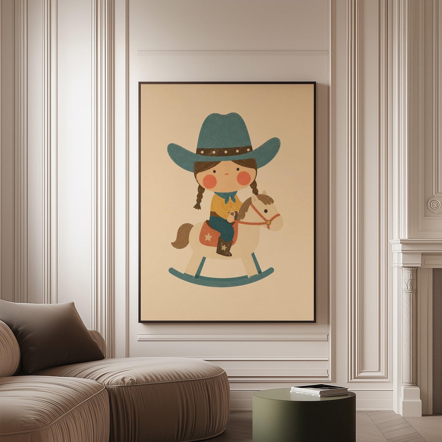 Child in a teal hat riding a cream rocking horse with stars, canvas print on a softly lit wall in a calm interior
