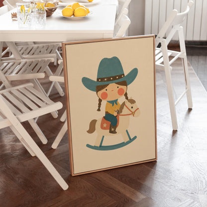 Child in a teal hat riding a cream rocking horse with stars, canvas print shown in a sunlit, contemporary room