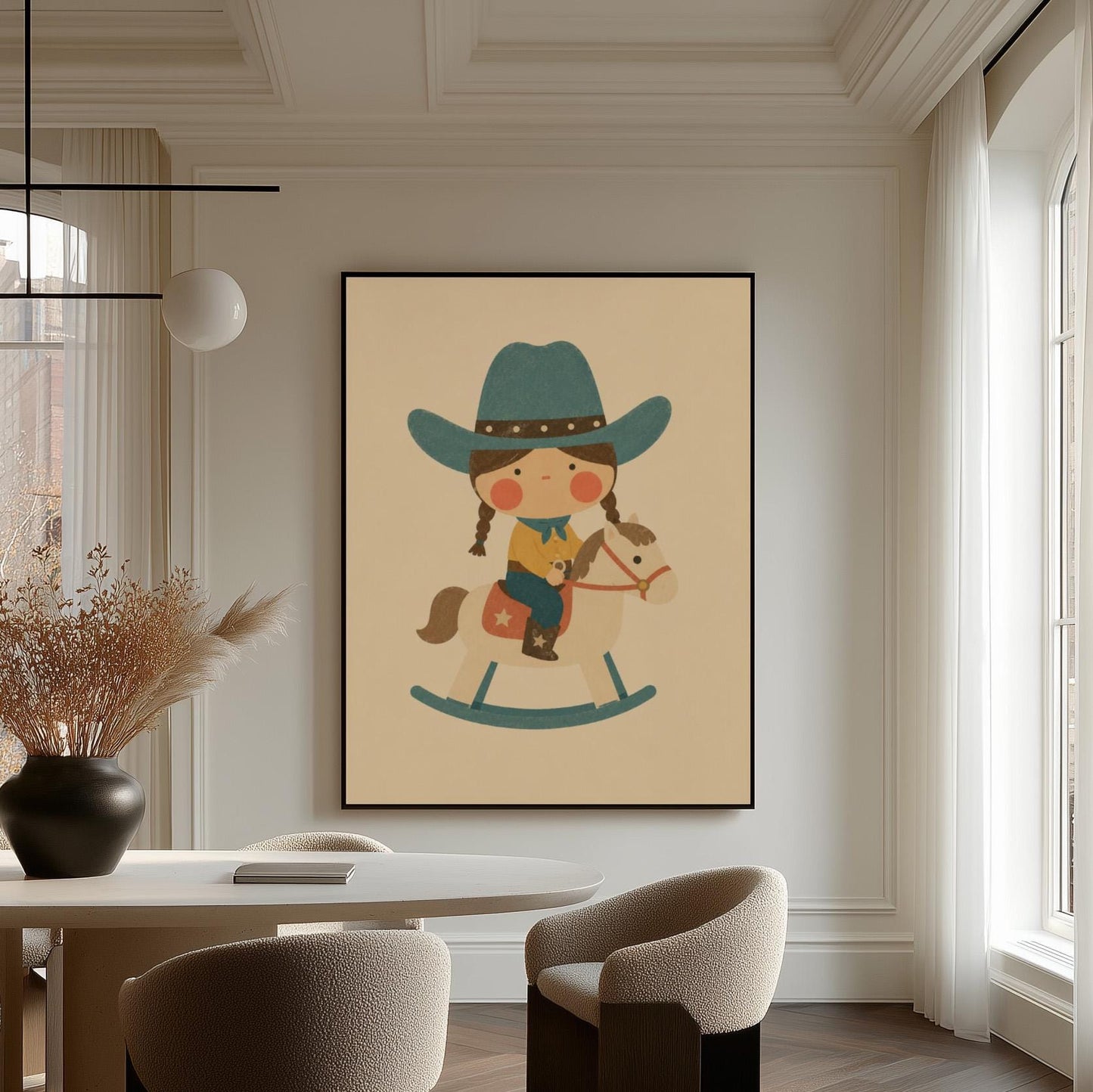 Child in a teal hat riding a cream rocking horse with stars, canvas wall art styled against a soft white wall