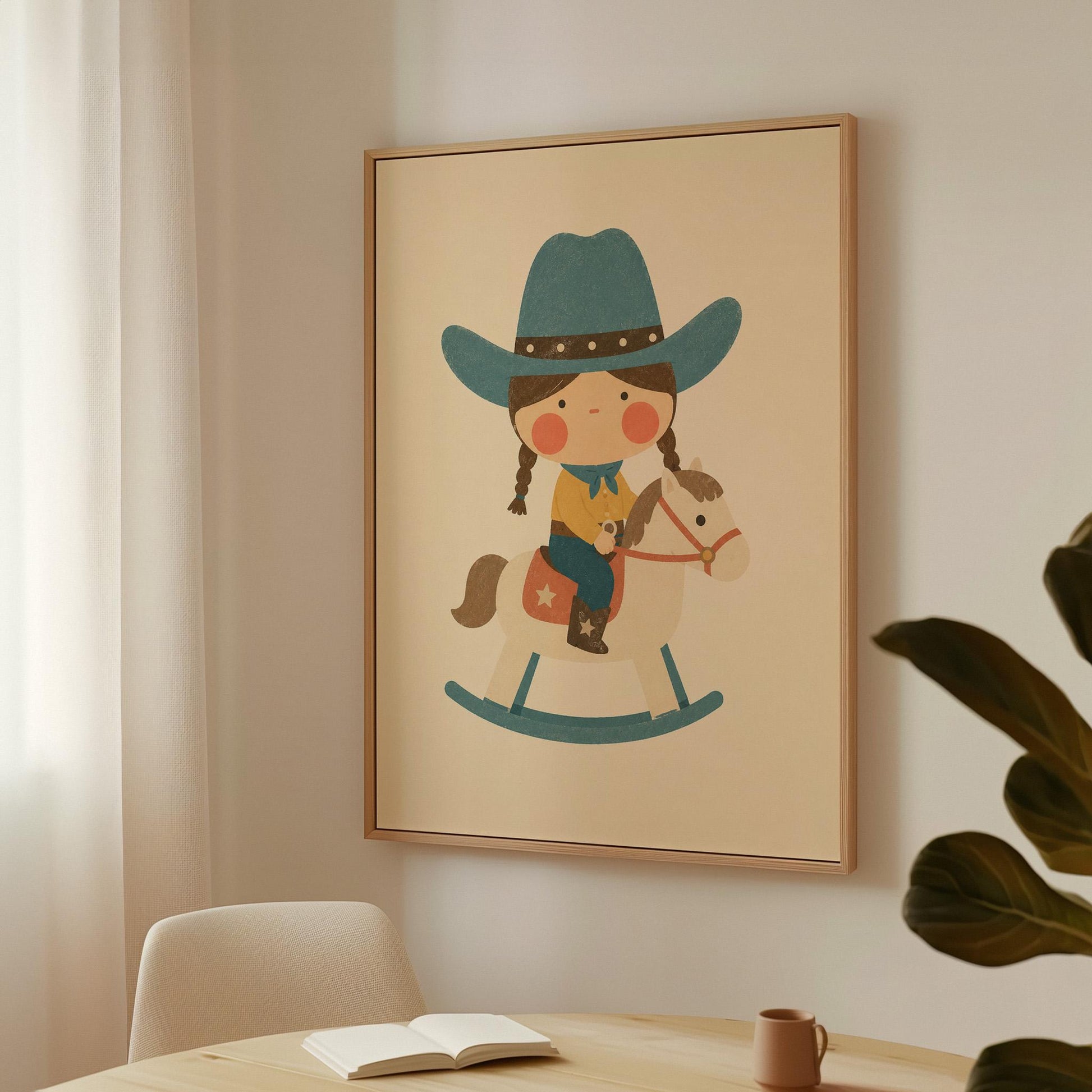 Child in a teal hat riding a cream rocking horse with stars, canvas wall art presented in a light, minimal room