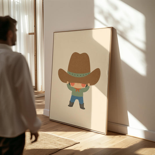 Child lifting an enormous brown cowboy hat above their eyes, canvas print hanging in a calm, modern living space