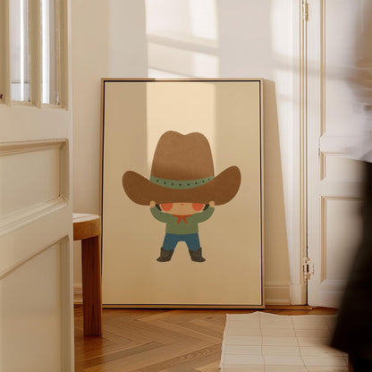 Child lifting an enormous brown cowboy hat above their eyes, canvas print styled against a soft white wall