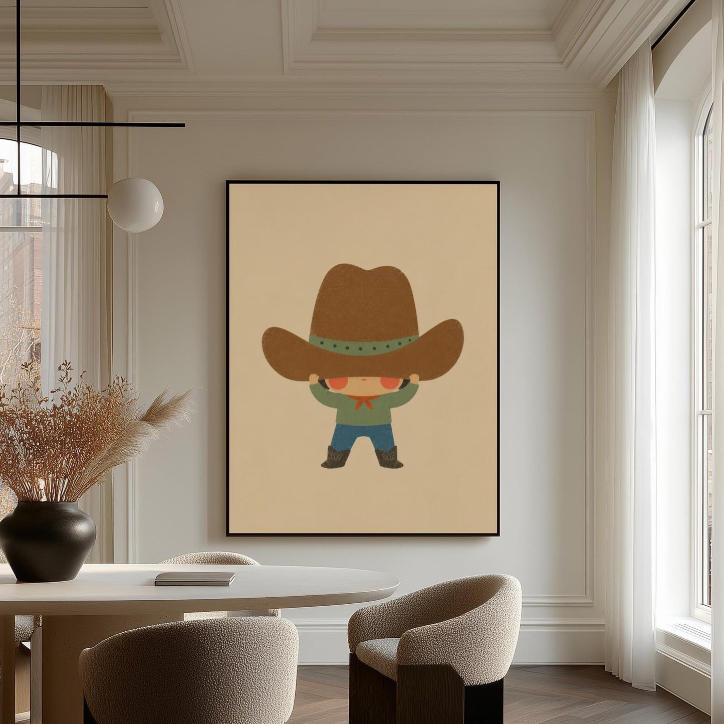 Child lifting an enormous brown cowboy hat above their eyes, canvas print on a quiet wall in a considered interior