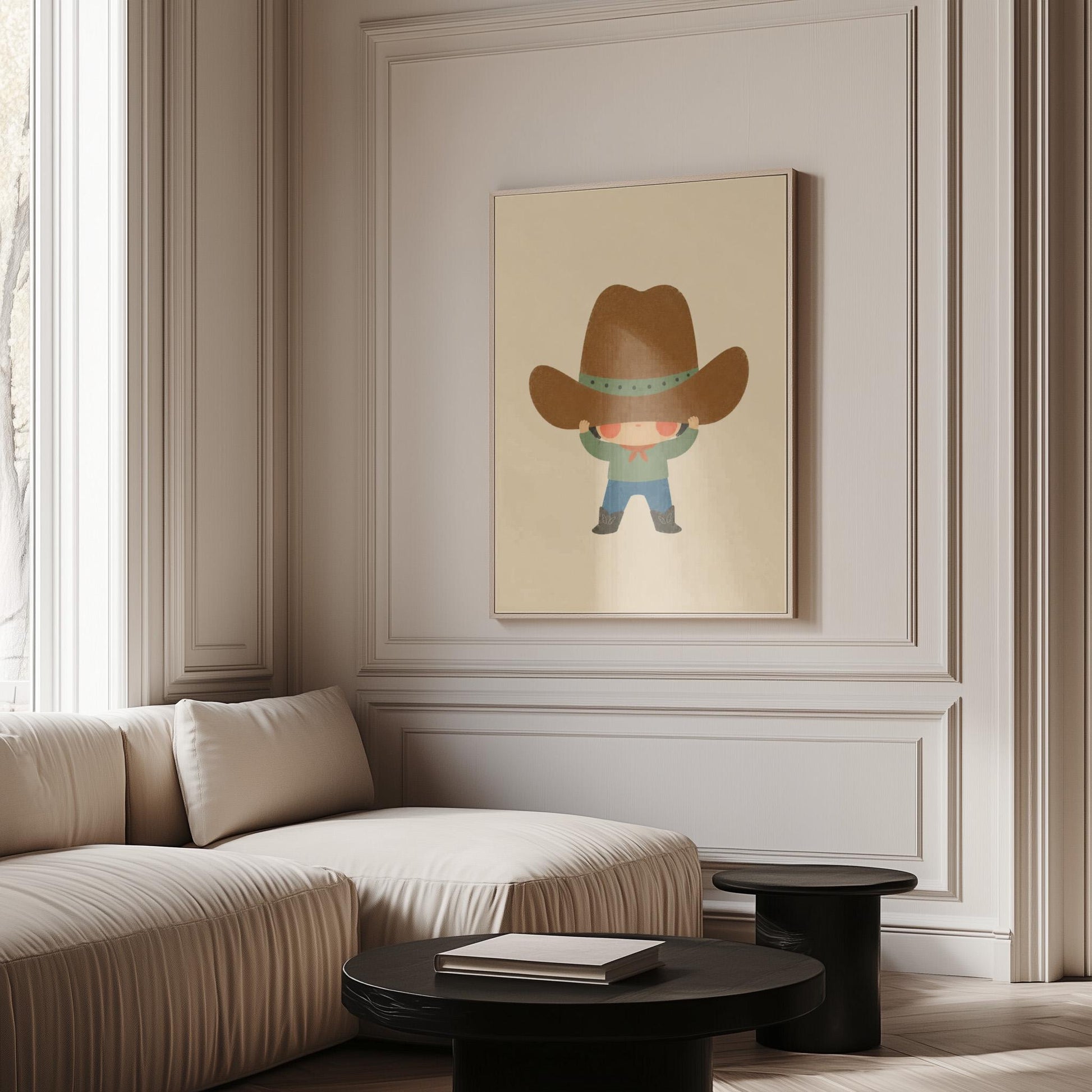 Child lifting an enormous brown cowboy hat above their eyes, canvas wall art seen in a warm interior with natural light