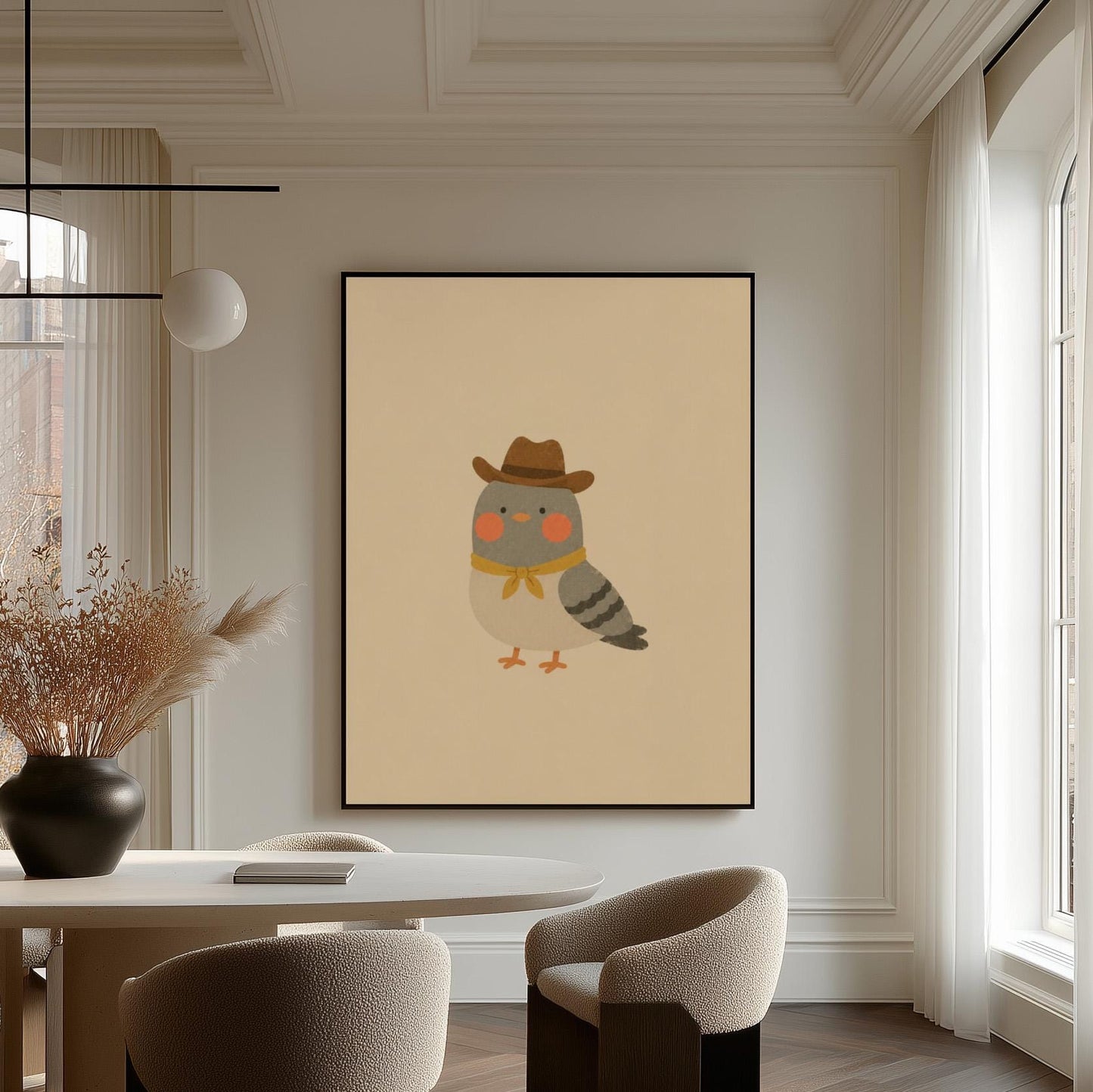 Round grey bird wearing a tiny cowboy hat and yellow bandana, canvas print on a quiet wall in a considered interior