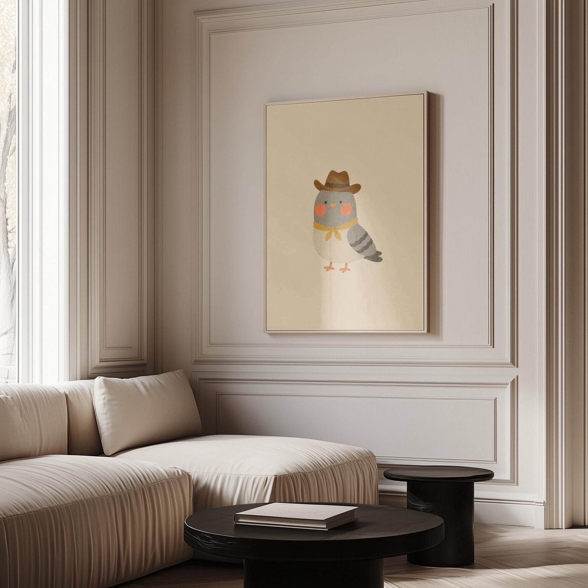 Round grey bird wearing a tiny cowboy hat and yellow bandana, canvas wall art styled against a soft white wall
