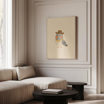 Round grey bird wearing a tiny cowboy hat and yellow bandana, canvas wall art styled against a soft white wall