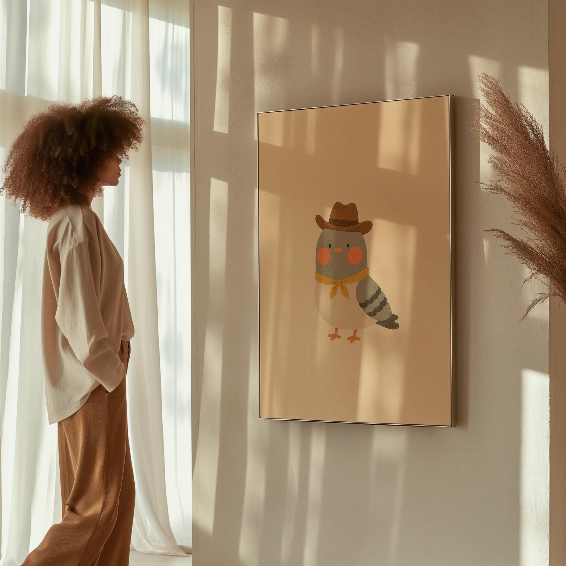 Round grey bird wearing a tiny cowboy hat and yellow bandana, canvas wall art seen in a warm interior with natural light