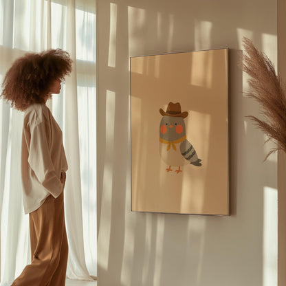 Round grey bird wearing a tiny cowboy hat and yellow bandana, canvas wall art seen in a warm interior with natural light