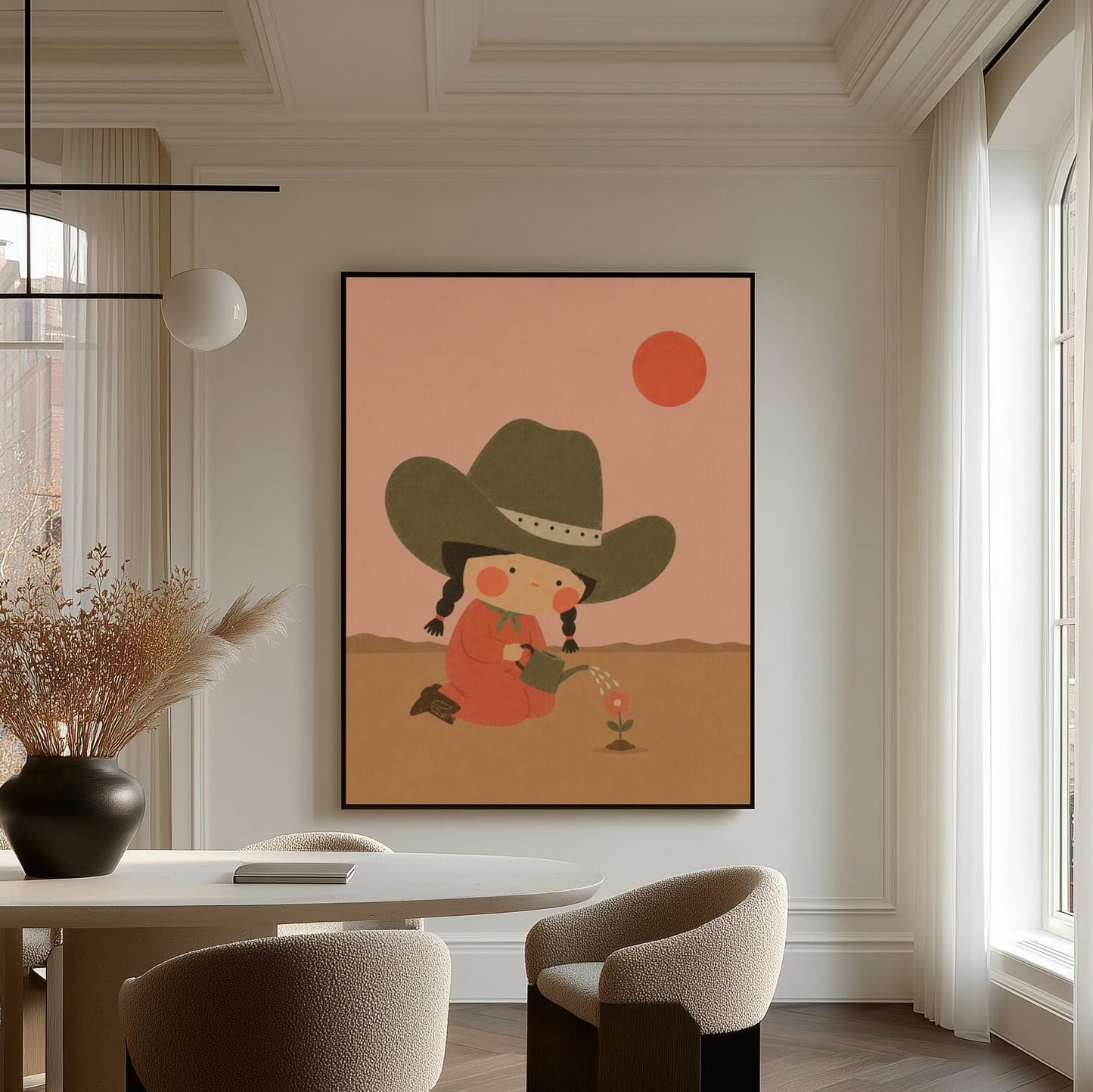 Cowgirl in a green hat watering a small flower in the desert, canvas print hanging in a calm, modern living space