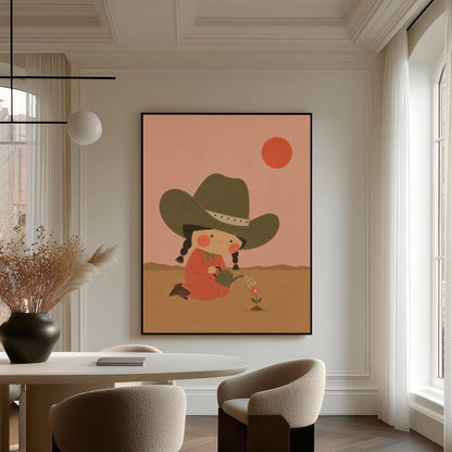 Cowgirl in a green hat watering a small flower in the desert, canvas print hanging in a calm, modern living space