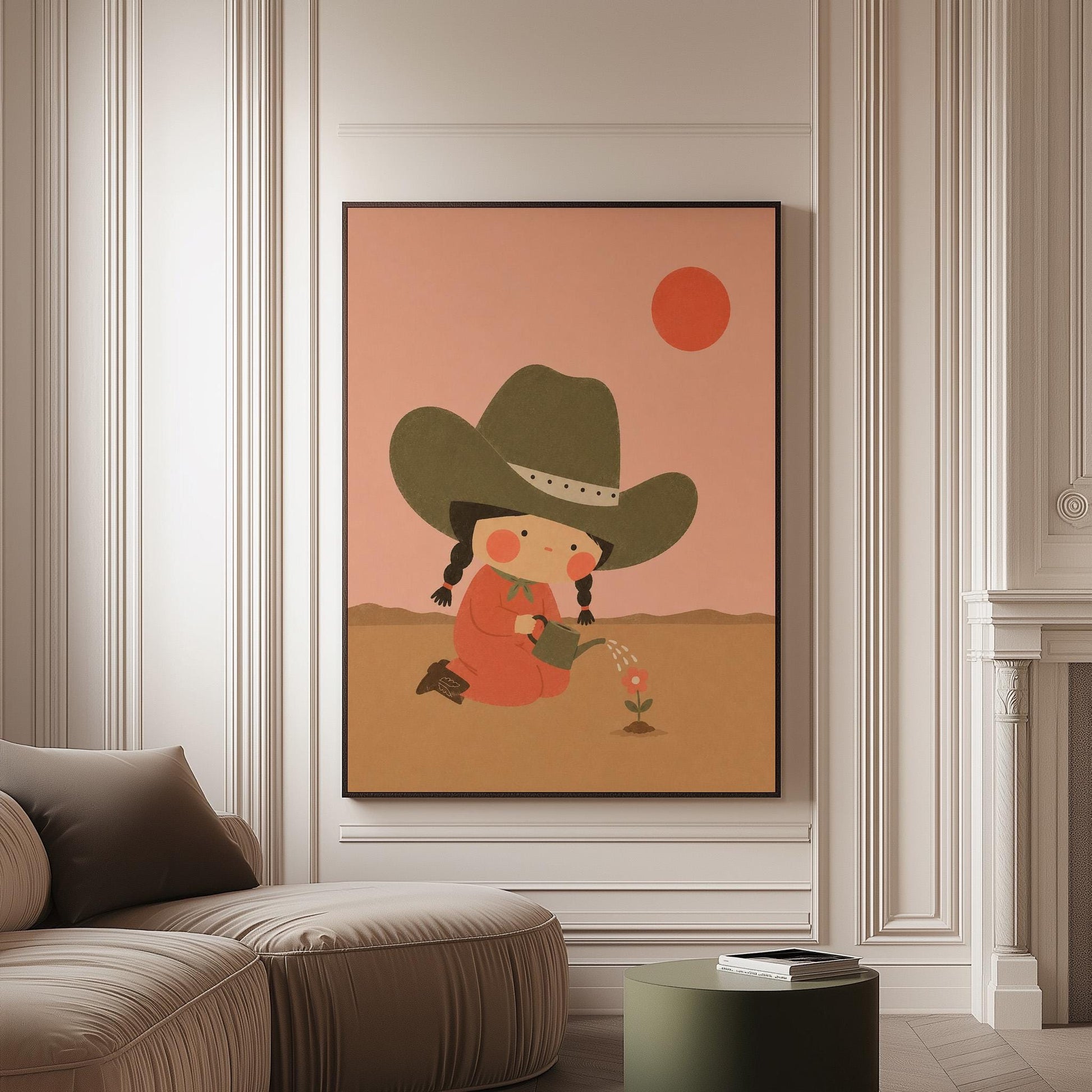 Cowgirl in a green hat watering a small flower in the desert, canvas print on a softly lit wall in a calm interior
