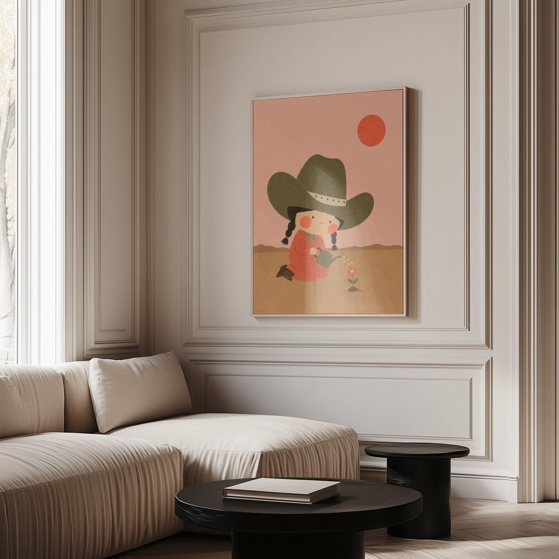 Cowgirl in a green hat watering a small flower in the desert, canvas wall art presented in a light, minimal room