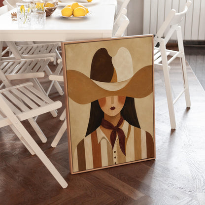 Cowgirl in a sweeping two-tone hat with a burgundy neckerchief, canvas print presented in a light, minimal room