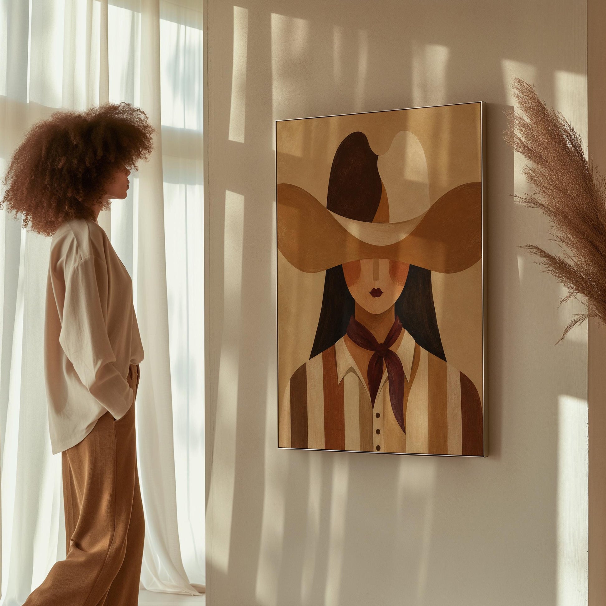 Cowgirl in a sweeping two-tone hat with a burgundy neckerchief, canvas print shown to scale in a furnished room