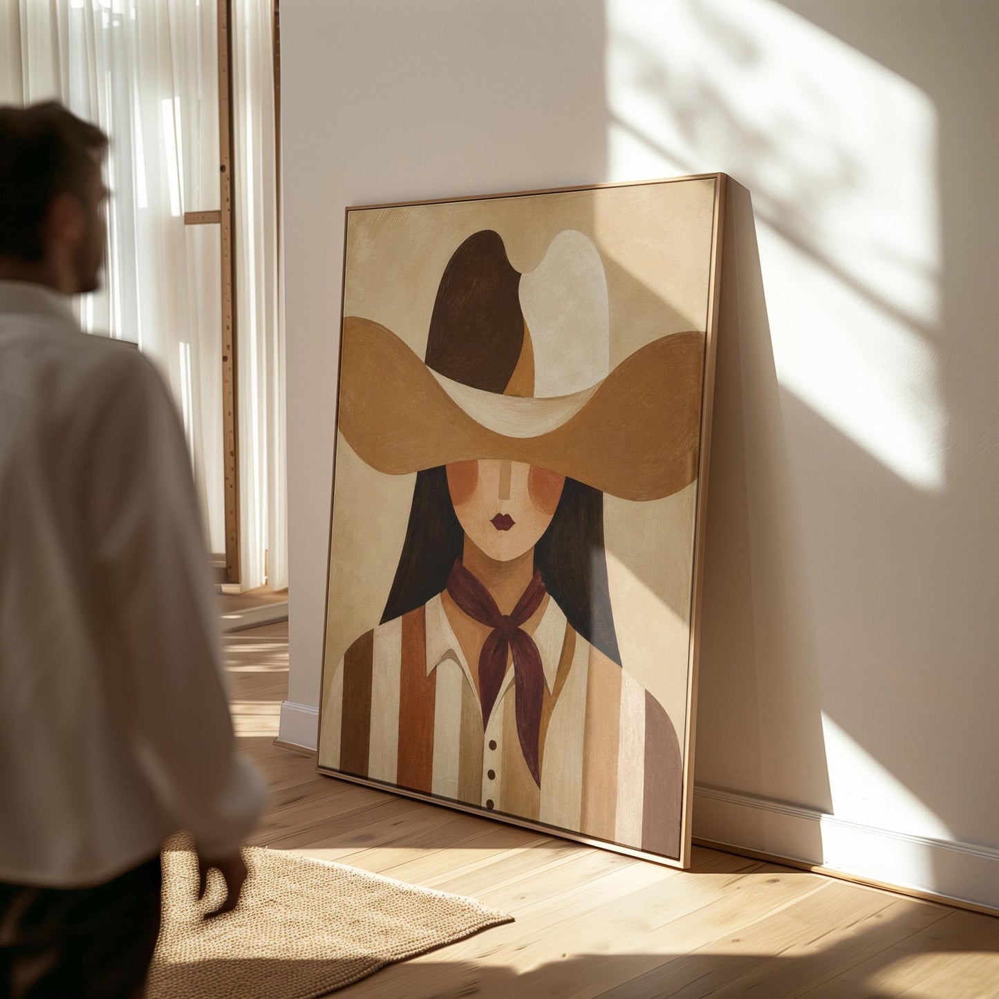 Cowgirl in a sweeping two-tone hat with a burgundy neckerchief, canvas print displayed on a neutral wall in a styled interior